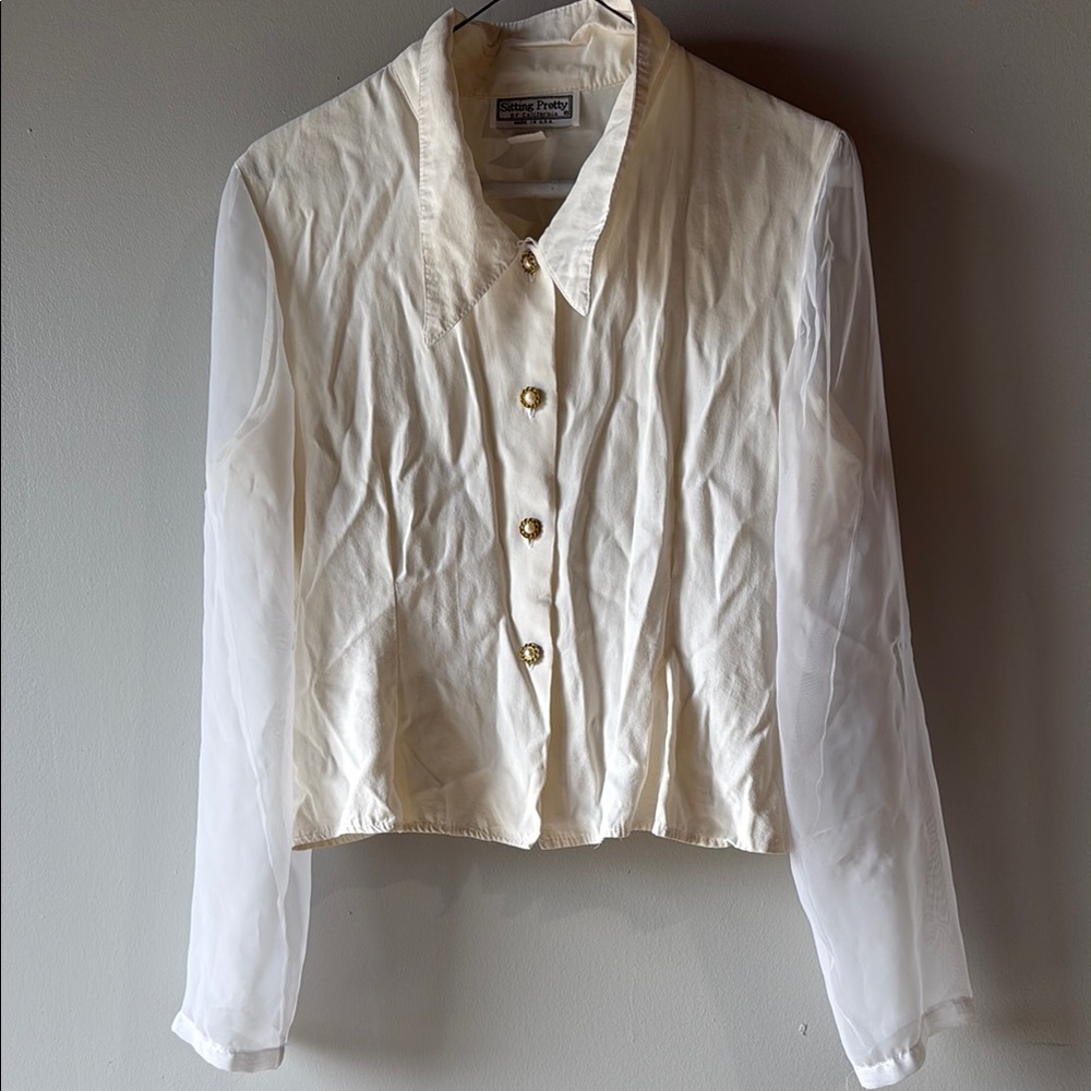 VINTAGE! White Button-Up Blouse with Sheer Sleeves
